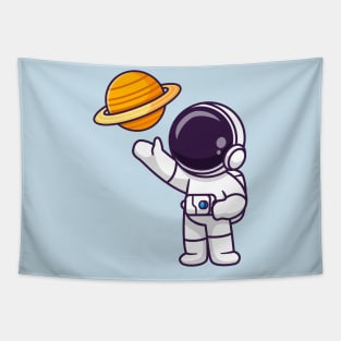 Cute Astronaut Observing Planet Cartoon Tapestry