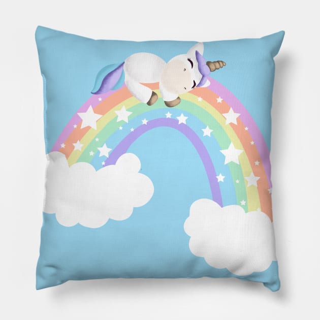 Cute unicorn laid on a rainbow Pillow by Mimie20