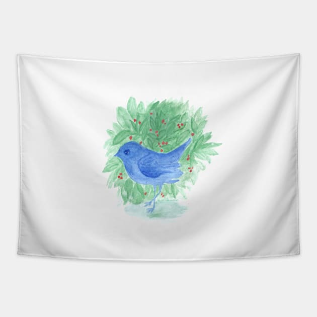 blue bird and shrub watercolor painting Tapestry by oknoki