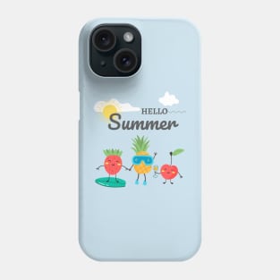 Hello Summer Cool design for summertime. Strawberry, cherry, pineapple with a beach landscape Phone Case
