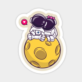 Cute Couple Astronaut Sitting On Moon Cartoon Magnet