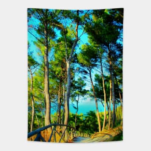 Scene from Sirolo with fenced gravelly road, tall trees, sky and sea Tapestry