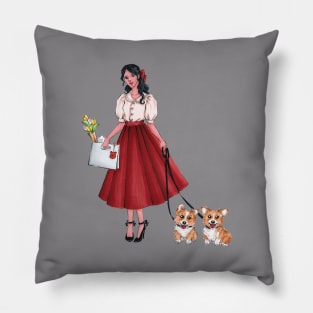 A Girl and Corgies Pillow