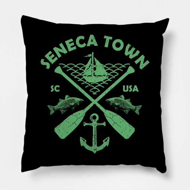 Seneca Lake Town, South Carolina, Fishing Boat Paddle Adventure Pillow by JahmarsArtistry - APA