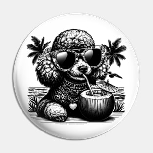 poodle dog wearing sunglasses drinking a coconut drink on a tropical beach Pin