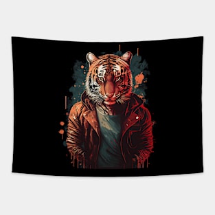 Pop Culture Tiger Wearing Leather Jacket Tapestry