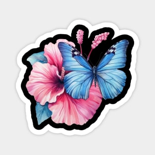 Blue Butterfly on Pink Hibiscus Watercolor Magnet