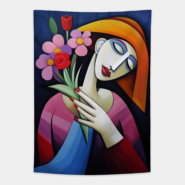 Lady With Flowers Tapestry by TooplesArt