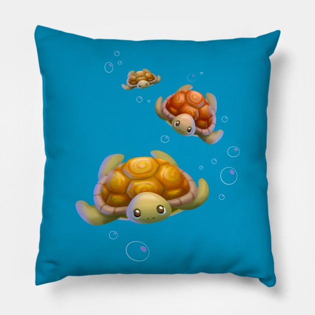 3 Cute Turtles Swimming Under the Sea Pillow by Irene Koh Studio