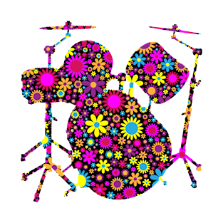 Silhouette of drum set in floral design T-Shirt