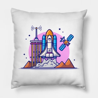 Space Shuttle Taking Off with Tower, Satellite and Mountain Cartoon Vector Icon Illustration Pillow