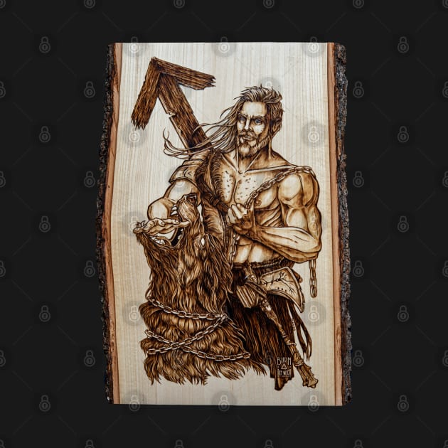 Tyr - nordic god pyrography print, wood texture by BTW-byMargo