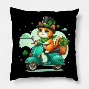 Celebrate St Patricks Day Day with a cute and colorful Cat on a Motorcycle design Pillow