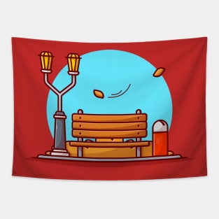 Bench in Park with Street Lamp And Trash Cartoon Vector Icon Illustration Tapestry