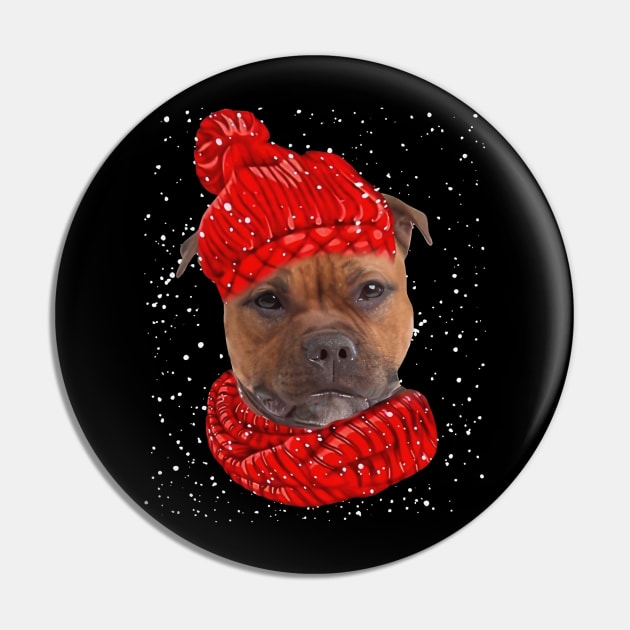 Staffordshire Bull Terriers Wearing Red Hat Christmas Pin by Gearlds Leonia