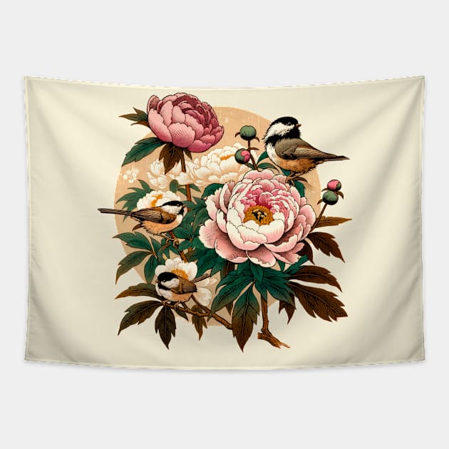 Chickadee and Peony Tapestry by bubbsnugg