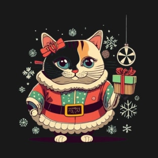 Retro Very Cute Christmas Kitty Art Color Face T-Shirt