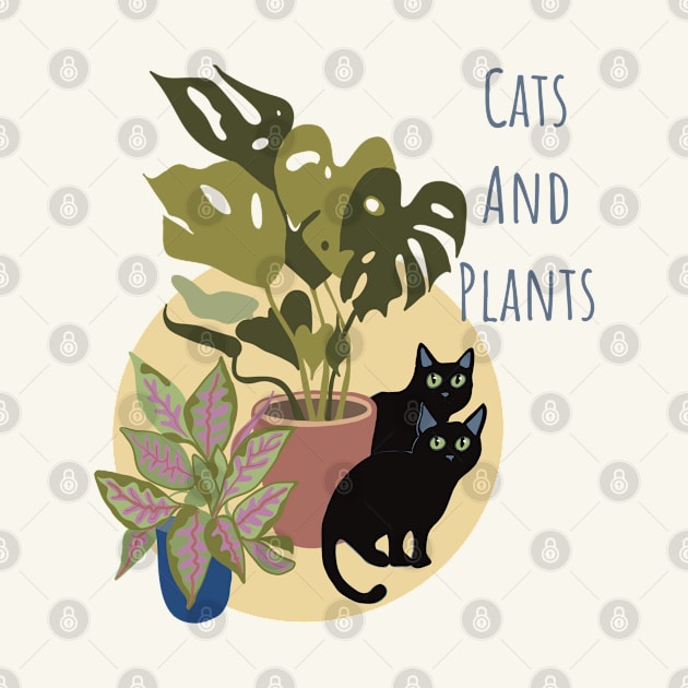 Two Black Cats With Plants by Janpaints