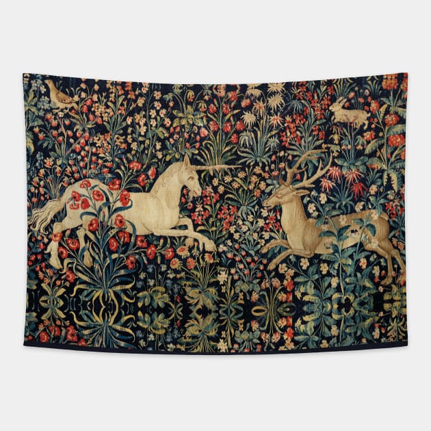 UNICORN AND DEER AMONG FLOWERS, FOREST ANIMALS FLEMISH FLORAL Tapestry by BulganLumini