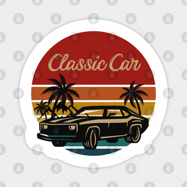 classic car retro  vintage aesthetic sunset circle with palms and mountains, gift for dad, retro designs for car lovers Magnet by Maroon55