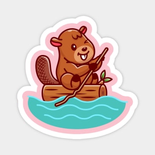 Cute Beaver Rowing On River Cartoon Magnet