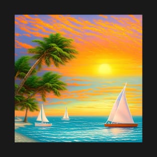 Beach Sunset Sailboats and Palm Trees T-Shirt