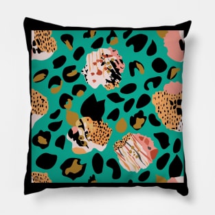 Modern abstract rose and leopard texture green Pillow