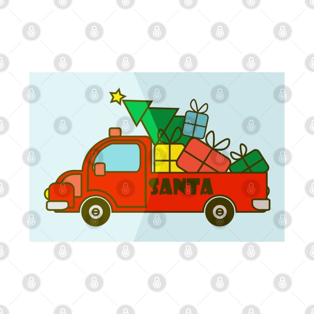 Xmas greeting card with red Santa truck, presents and Christmas tree by Cute-Design