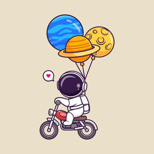 Cute Astronaut Riding Motorcycle With Planet Balloon Cartoon by Catalyst Labs