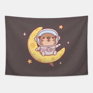 Cute Otter Astronaut Sitting On The Moon Tapestry