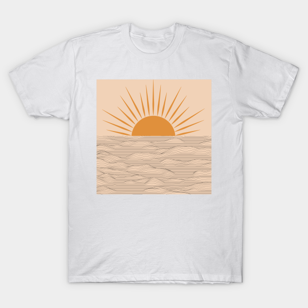 Modern abstract aesthetic background with sun and sea waves, sunset and sunrise illustration - Sun - T-Shirt