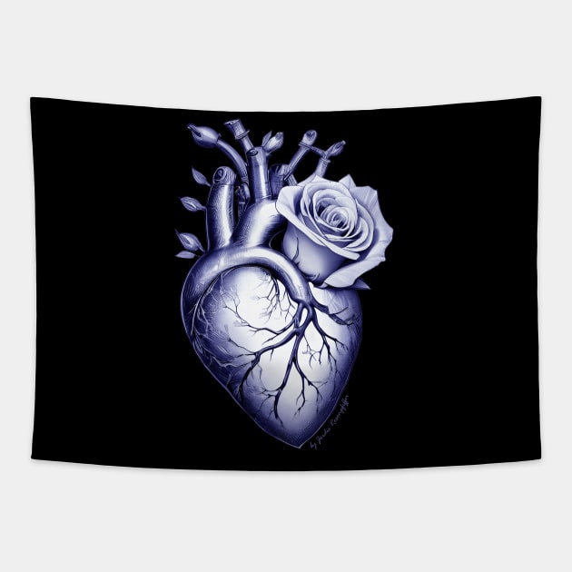 anatomic heart with rose flower blue cyan tone Tapestry by by Joerdis Rosenpfeffer