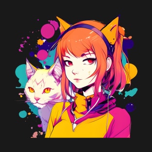 Funny Anime Girl With A Chubby Cat T-Shirt