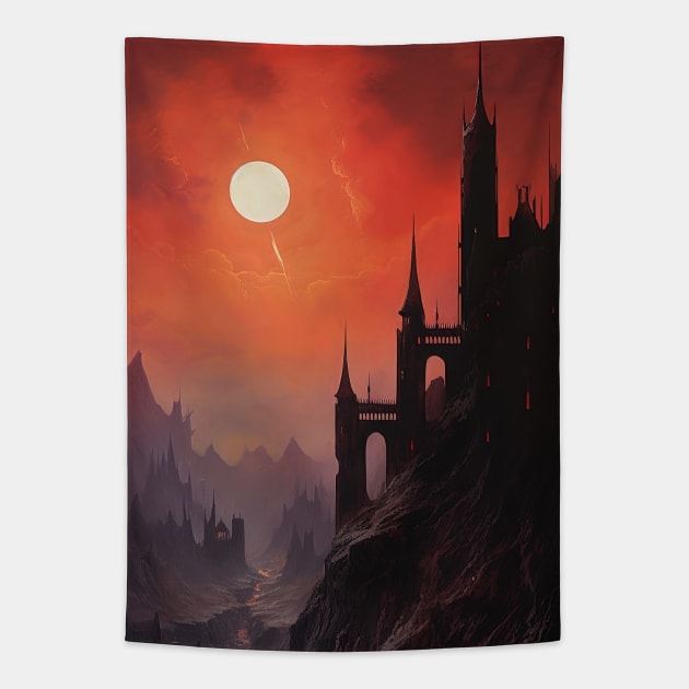 red moon in haunted village Tapestry by Maverick Media