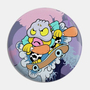 Cute slluks character fatty boy is skating on a big wave illustration Pin