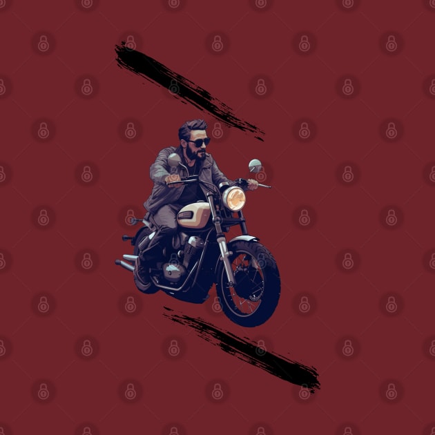 A man rides a vintage motorcycle by ORart