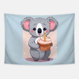 Cute Koala girl holding a birthday muffin with a candle,.Vector flat illustration Tapestry