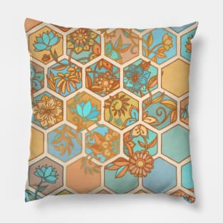 Golden Honeycomb Tangle - hexagon doodle in peach, blue, mint & cream Pillow