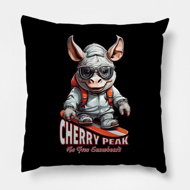 Cute Rhinoceros Cherry Peak Snowboard Pillow by Surrealcoin777