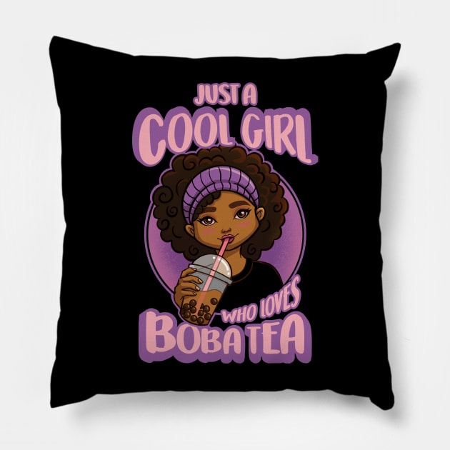 Kawaii Black Girl Anime Boba Tea Pillow by Irene Koh Studio