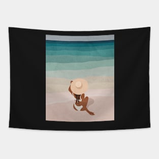 Summer vibes, Woman, Hat, Mid century art Tapestry