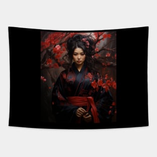 Beautiful Japanese Dark Geisha Sakura Blossoms Kimono Tapestry