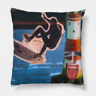 Retro Funny Collage Surfer Motel with 2 Moons Pillow