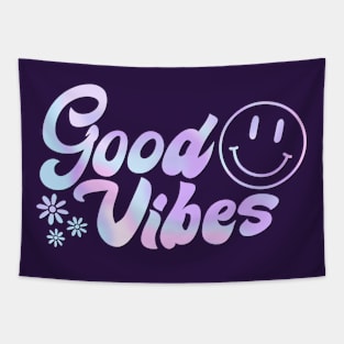 Groovy Good Vibes: 70s Holographic Text & Smiley Face Art Tapestry