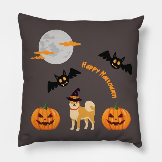 Shiba Inu with Witch Hat and Happy Halloween Sign, Spooky Pumpkin, Bats and Moon Pillow by Seasonal Dogs