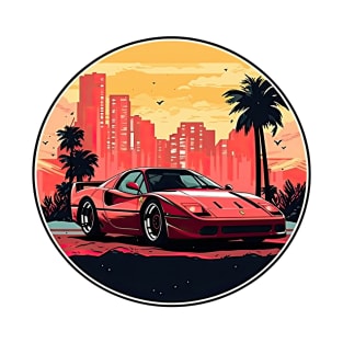 Ferrari inspired car in front of a vintage retro sunset red city T-Shirt