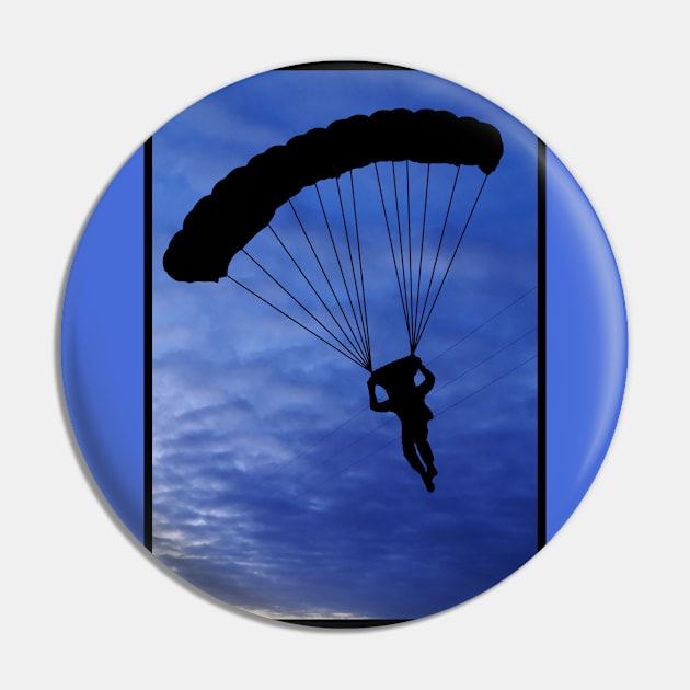 Parachuter Silhouette in Beautiful Blue Sky with a Black Border Pin by Blue Butterfly Designs 