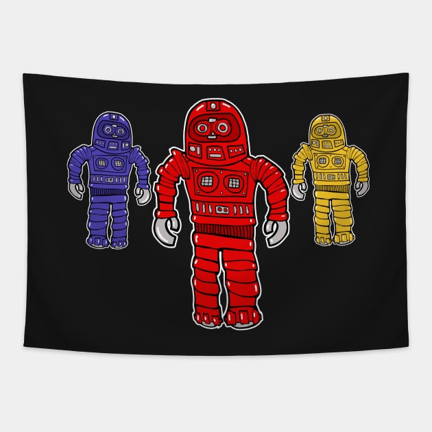 Red, Blue & Yellow Robots Tapestry by RockettGraph1cs