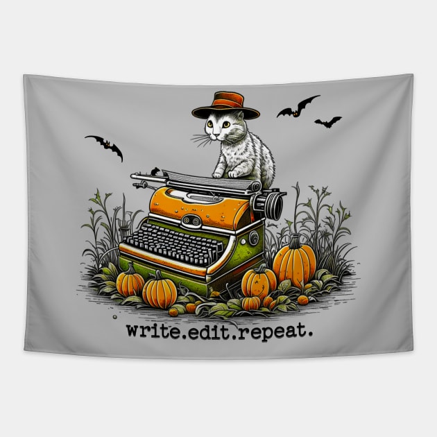 write edit repeat Halloween Cat Tapestry by H. R. Sinclair