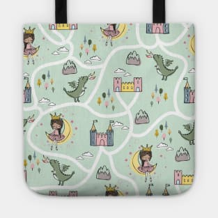 Childish seamless pattern with princess and dragon green background Tote